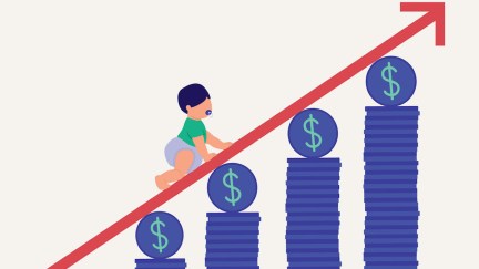 An illustration of a red line of a graph shooting upward, with stacks of coins underneath the line and a baby crawling up the line.
