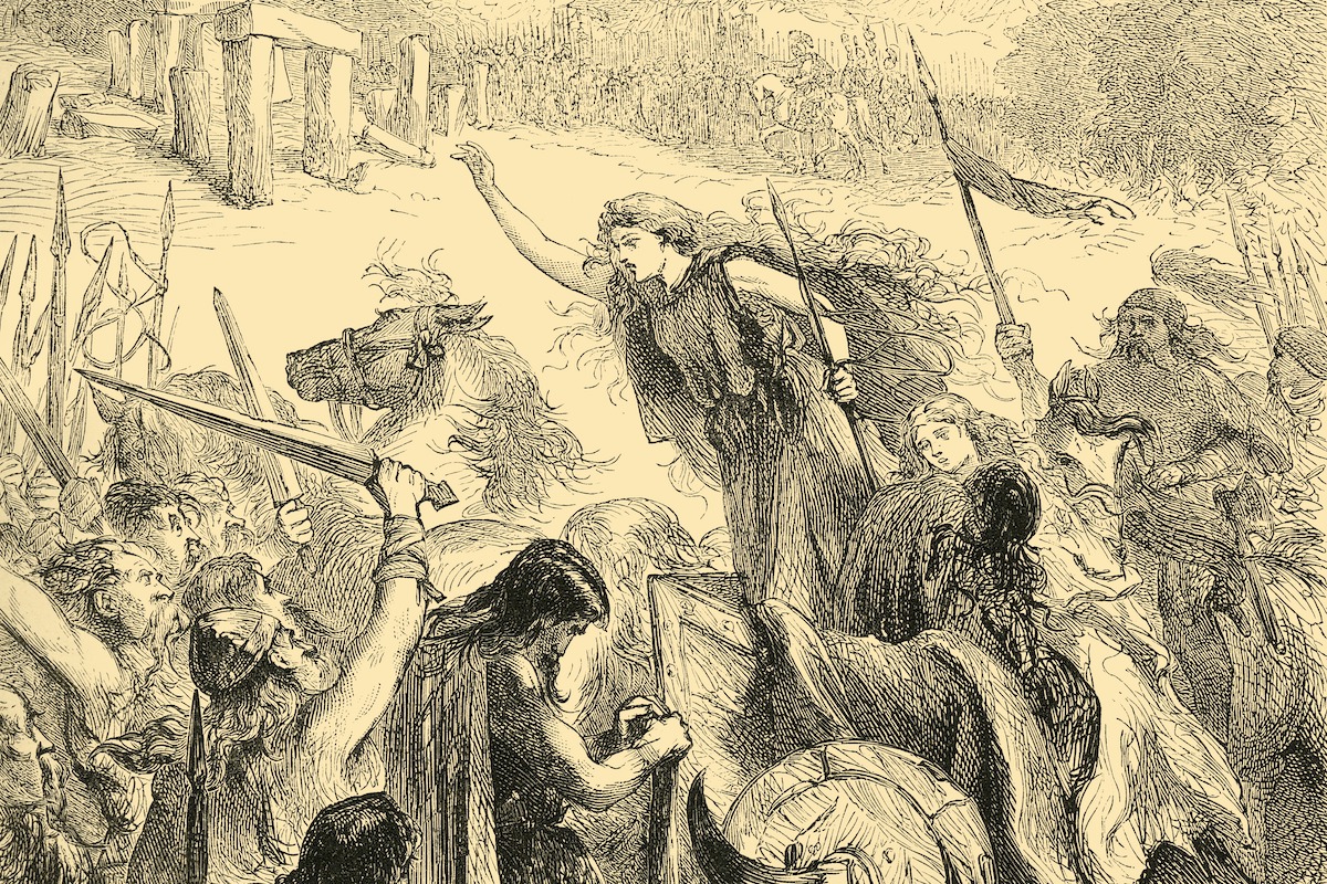 A drawing of a female warrior leading a battle.