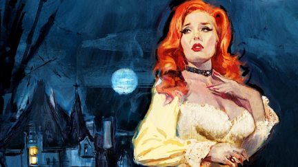 A woman with red hair and a yellow gown touches her chest, looking fearfully over her shoulder at a moonlit castle behind her.