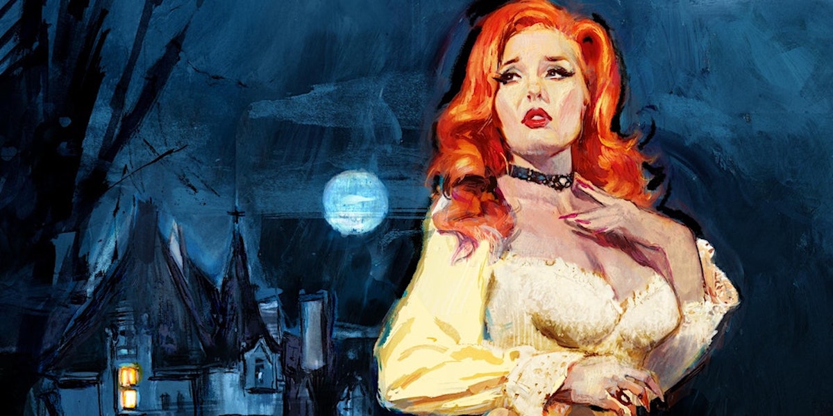 A woman with red hair and a yellow gown touches her chest, looking fearfully over her shoulder at a moonlit castle behind her.