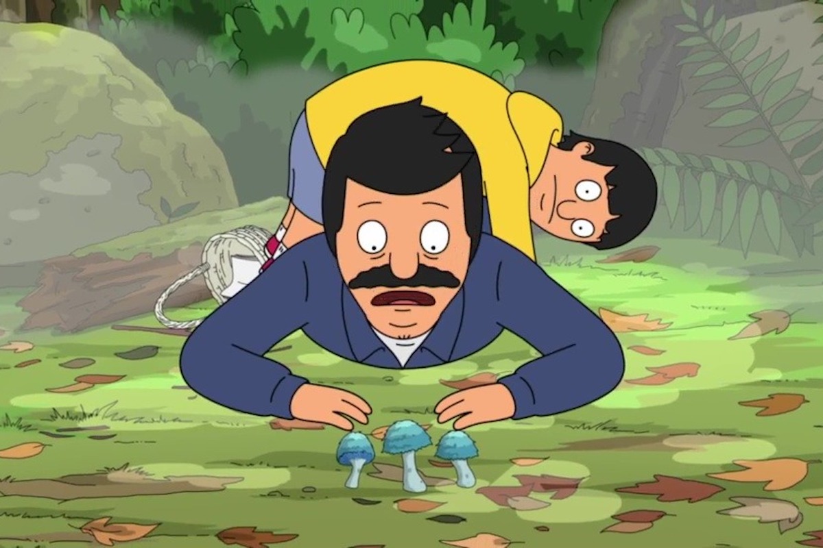 Bob and Gene look at three blue mushrooms in the forest in a scene from Bob's Burgers.