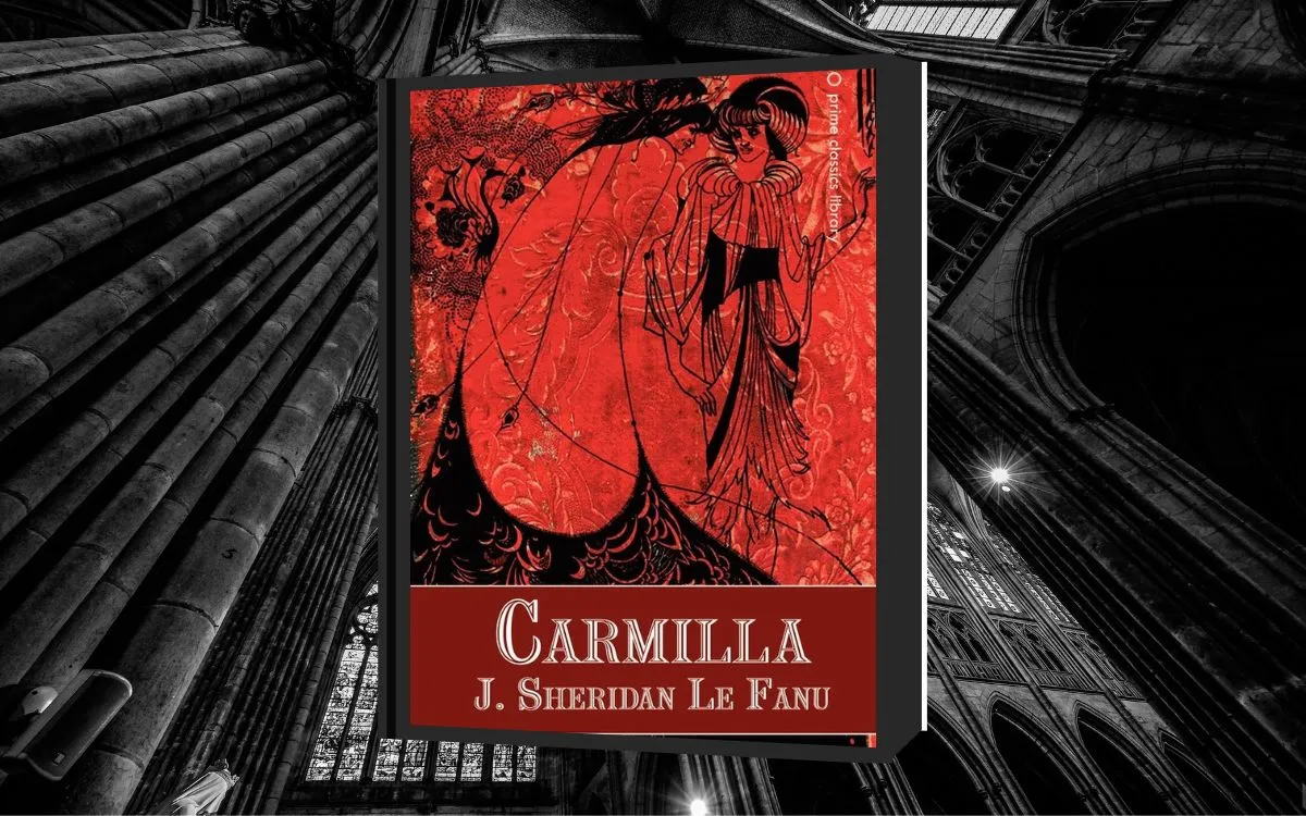 The cover of "Carmilla" sits atop a background of gothic church window
