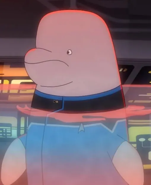 A screengrab from Star Trek: Lower Decks of Lieutenant Matt from Cetacean Ops