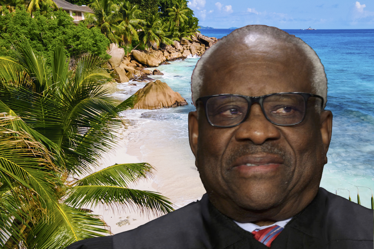 A photo of Clarence Thomas looking askance superimposed over a picture of an island beach.