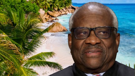 A photo of Clarence Thomas looking askance superimposed over a picture of an island beach.