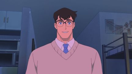 An animated Clark Kent wearing a soft pink sweater and looking into the camera.