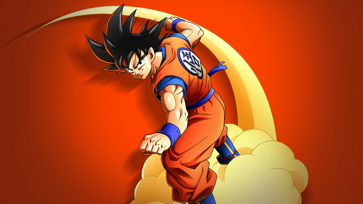 Goku smirking confidently while flying on a cloud