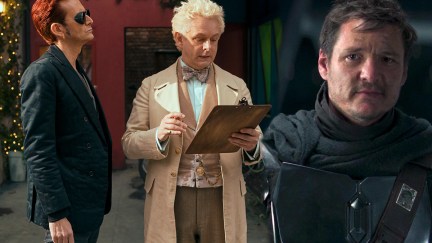 Aziraphale and Crowley from Good Omens and Din Djarin from the Mandalorian