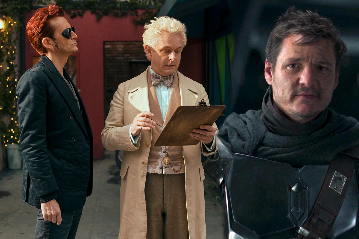 Aziraphale and Crowley from Good Omens and Din Djarin from the Mandalorian