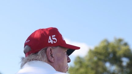 Donald Trump, seen from behind from the shoulder up, wearing a red baseball cap bearing the number 45.