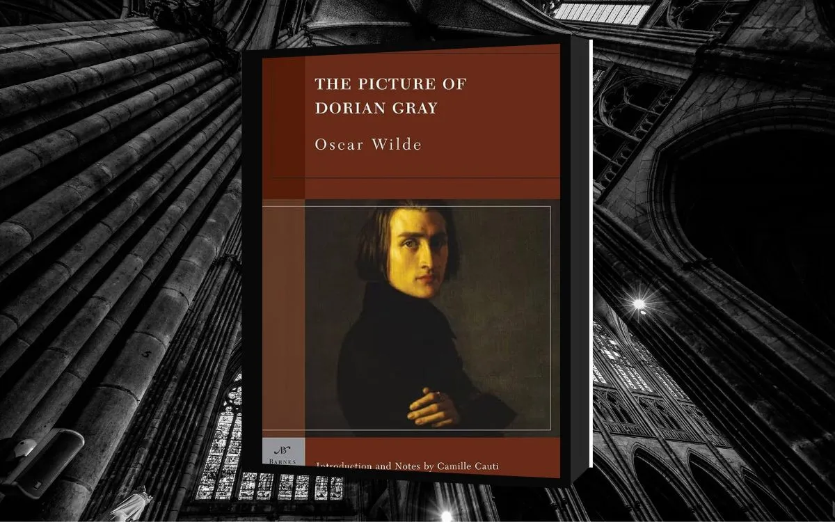 The cover of "The Portrait of Dorian Gray" sits atop a background of gothic church window