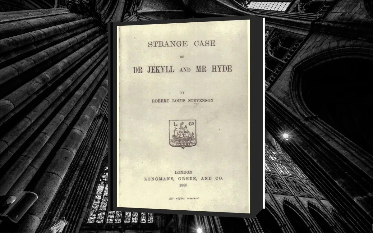 The cover of "Dr Jekyll and Mr Hyde" sits atop a background of gothic church window