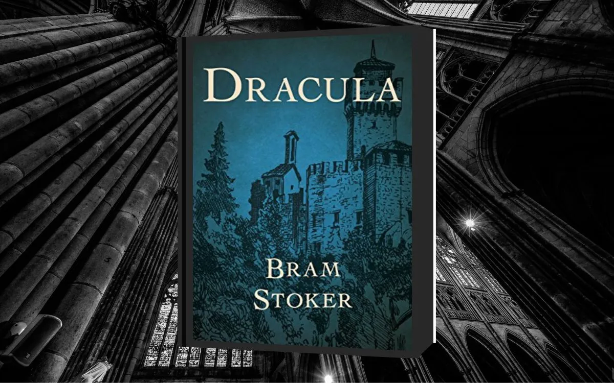 The cover of "Dracula" sits atop a background of gothic church window