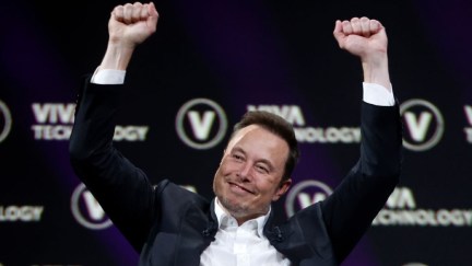 Elon Musk raises his arms triumphantly.