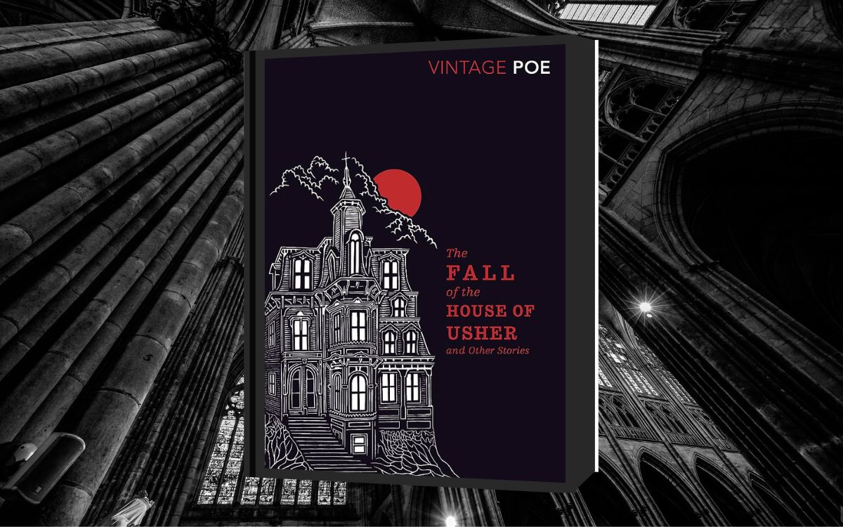 The cover of "The Fall of the House of Usher" sits atop a background of gothic church window.