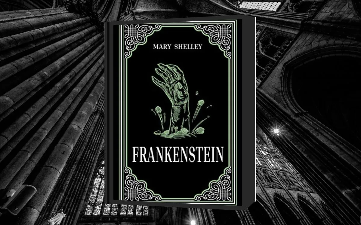 The cover of "Frankenstein" sits atop a background of gothic church window