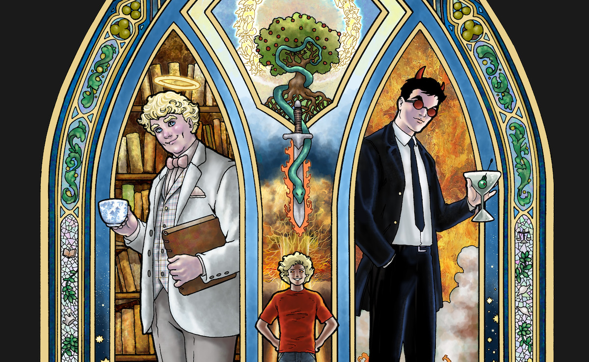 Detail from Good Omens the graphic novel cover. Aziraphale and Crowley stand in a stained glass style window, with Adam between them.