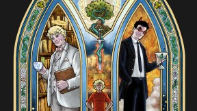Detail from Good Omens the graphic novel cover. Aziraphale and Crowley stand in a stained glass style window, with Adam between them.