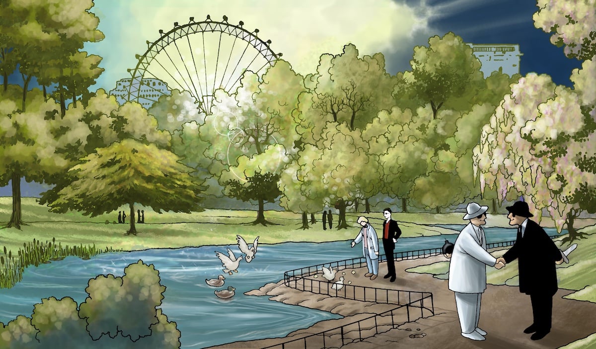 Aziraphale and Crowley walk by a lake with a ferris wheel in the background.