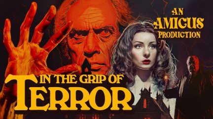 “In the Grip of Terror” poster; featuring Megan Tremethick against a dark background and an orange lit older man posed creepily.
