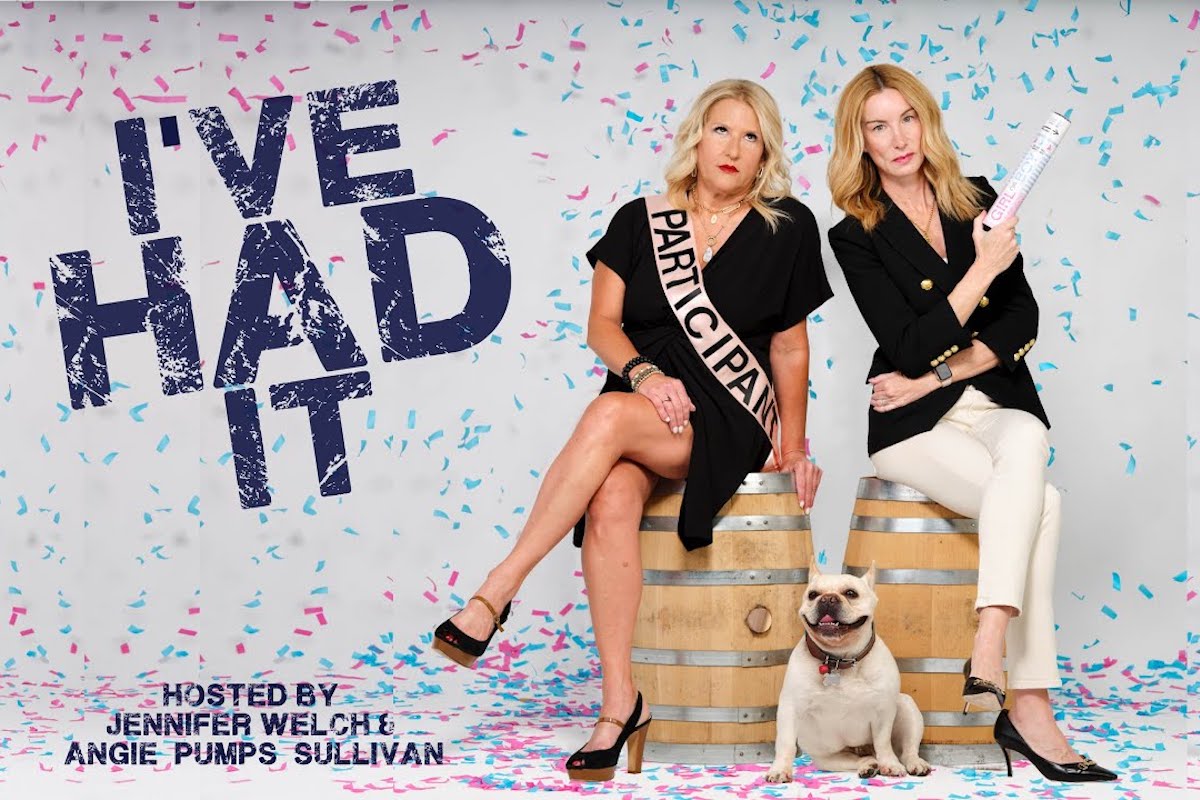 In promo art for "I've Had It" two middle aged white women pose with a dog.
