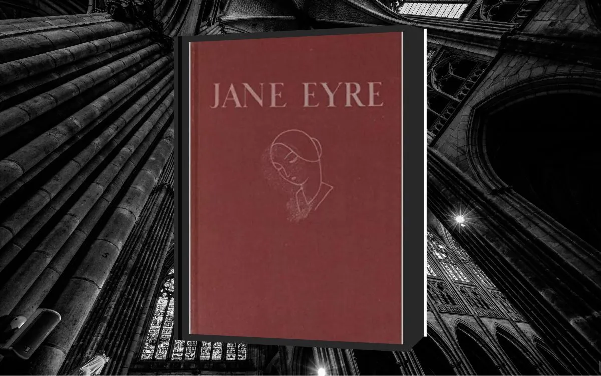 The cover of "Jane Eyre" sits atop a background of gothic church window