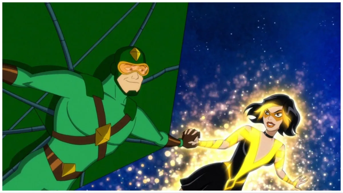 Kite Man and Golden Glider holding hands in 'Harley Quinn: The Animated Series'.