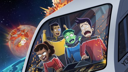 Mariner, Rutherford, Tendi, and Boimler scream in an exploding shuttlecraft in a poster for Star Trek: Lower Decks.