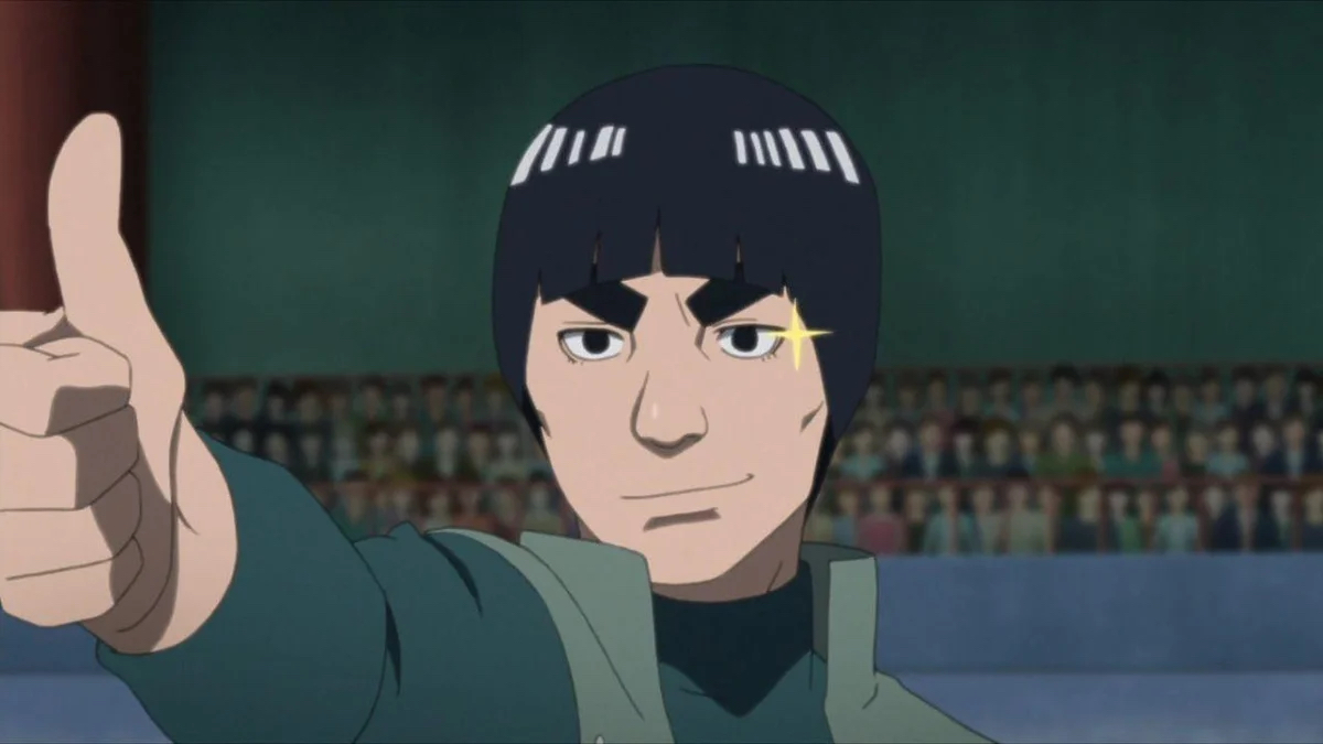 Might Guy giving a thumb's up in "Naruto" while a crowd looks on