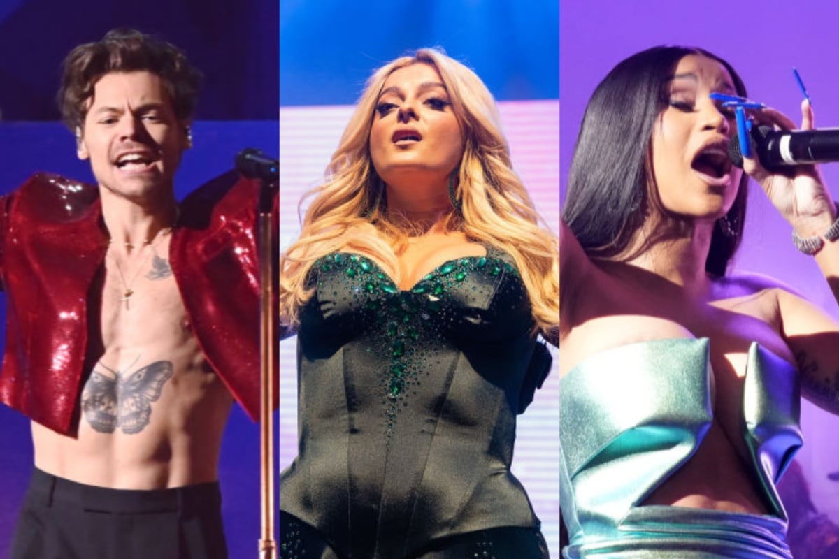 Photos of Harry Styles, Bebe Rexha, and Cardi B side by side, all performing onstage.
