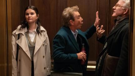 Martin Short as Oliver Putnam, Selena Gomez as Mabel Mora and Steve Martin as Charles-Haden Savage argue in an elevator in Only Murders in the Building season 3