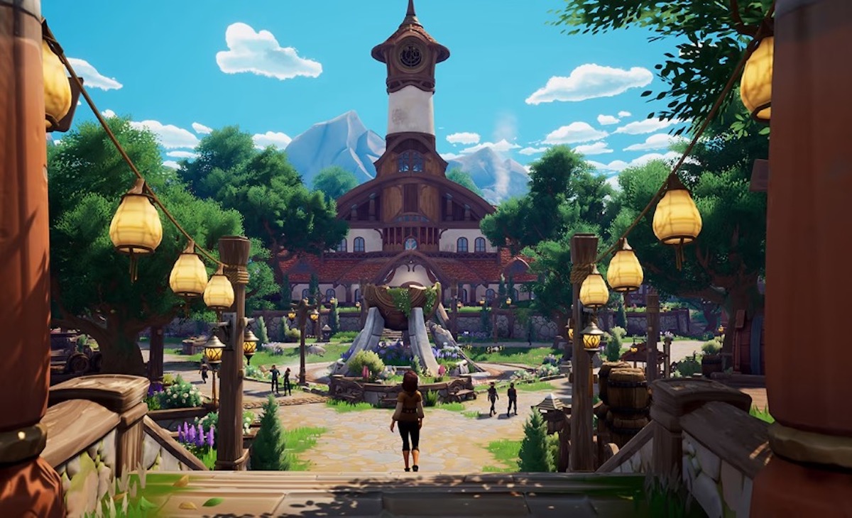A screenshot from the game Palia. A character, seen from behind, approaches a large town square.
