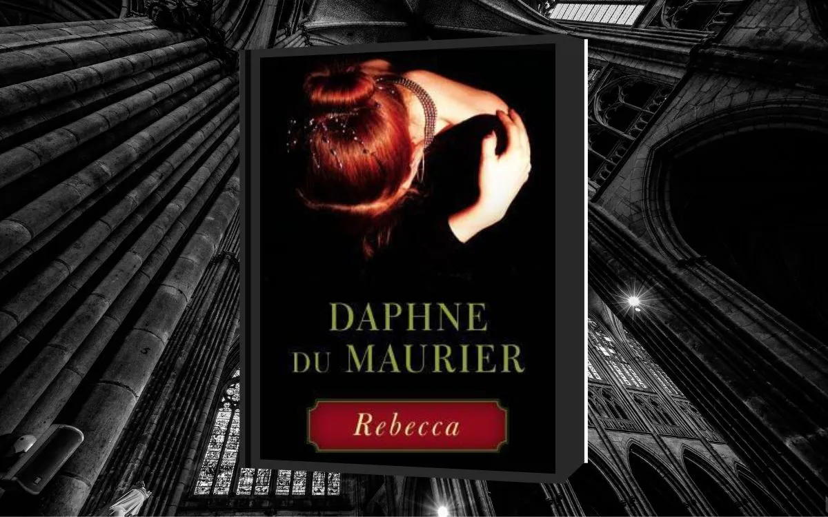 The cover of "Rebecca" sits atop a background of gothic church window