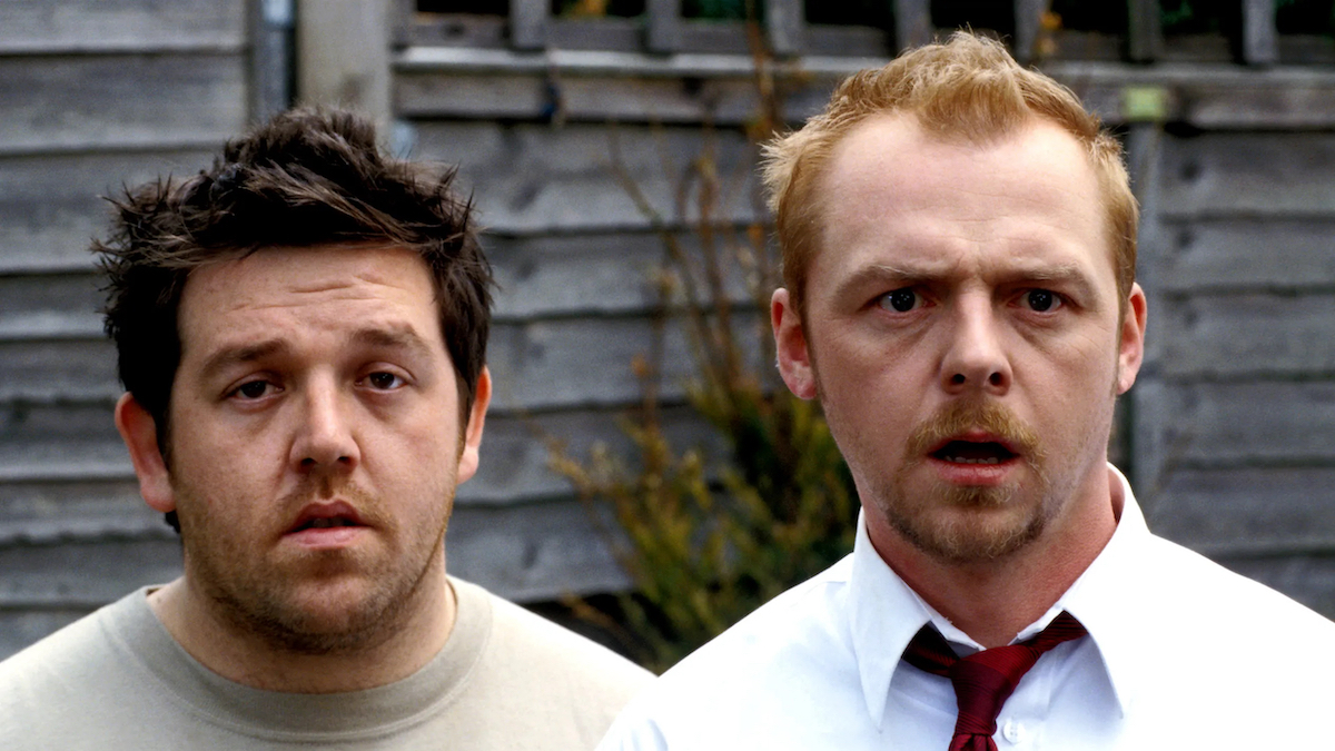 Shaun and Ed looking confused in "Shaun of the Dead"