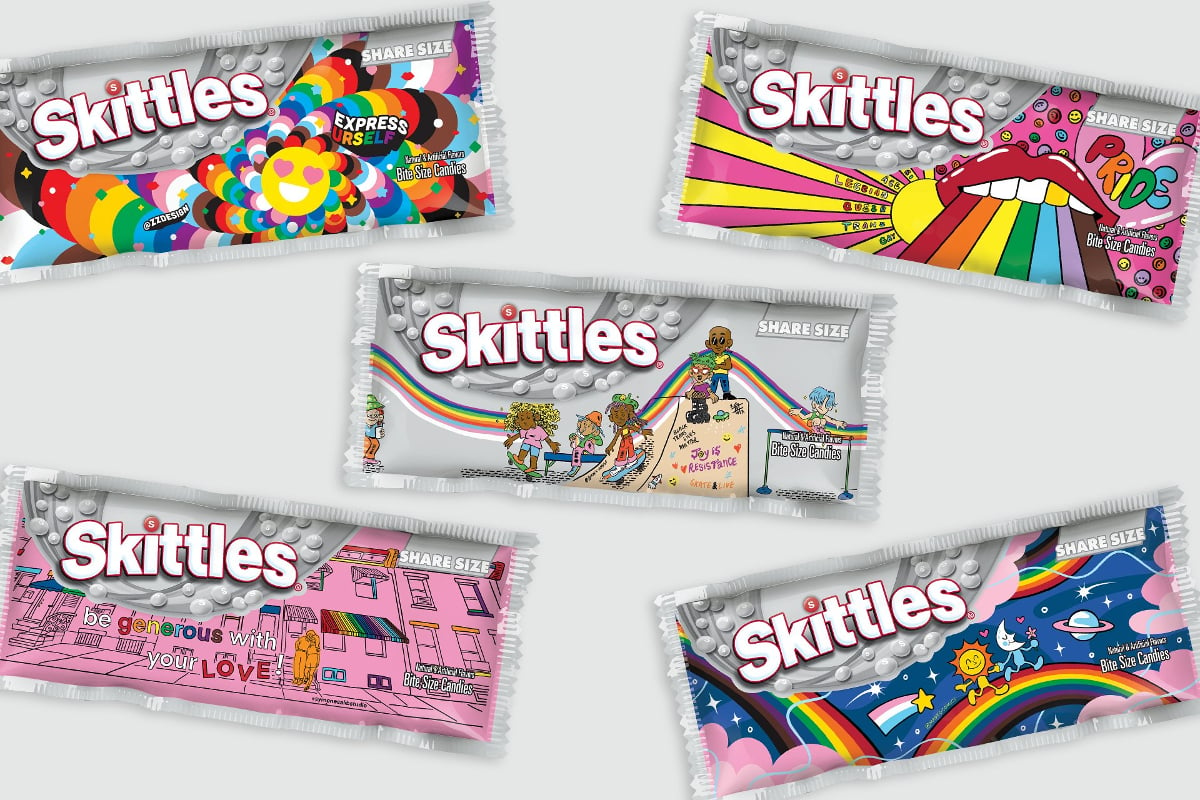 The 2023 Skittles Pride Packaging; five different LGBT+ positive designs featuring rainbows, queer characters, and Black lives matter slogans.
