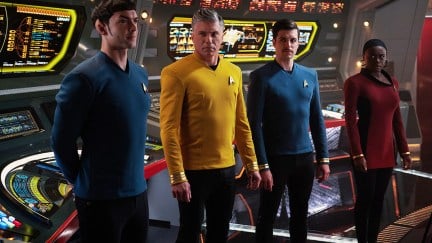 Spock, Pike, Kirk, and Uhura all on the bridge in Strange New Worlds