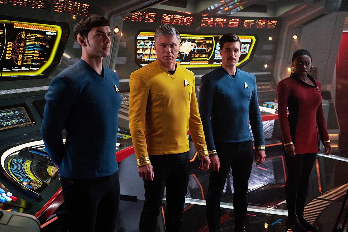 Spock, Pike, Kirk, and Uhura all on the bridge in Strange New Worlds