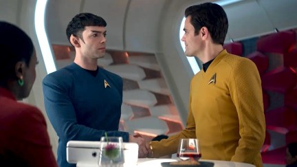 Ethan Peck as Spock and Paul Wesley as James Kirk in Star Trek: Strange New Worlds, streaming on Paramount+, 2023. Photo Cr: BEST POSSIBLE SCREENGRAB/Paramount+