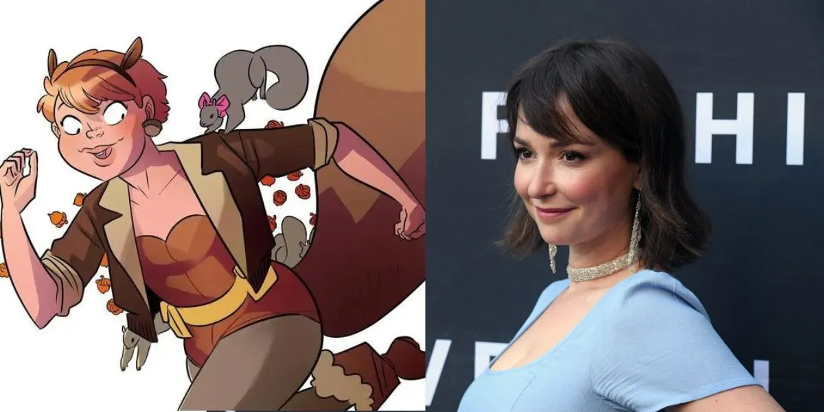 Left: Squirrel Girl runs, smiling, in a Marvel Comic. Right: Milana Vayntrub smiles on a red carpet.