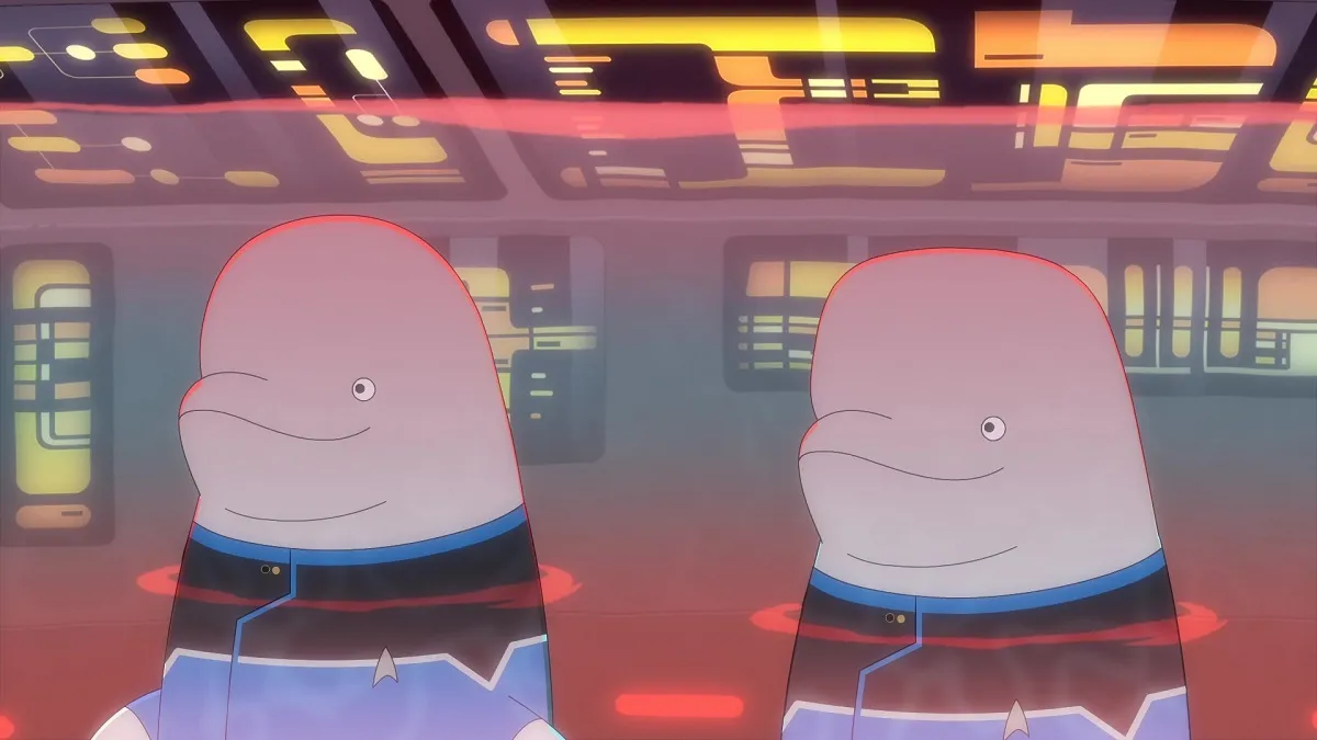 A screenshot from Star Trek: Lower Decks season 2, episode 10, "First First Contact", showing Lieutenants Kimolu and Matt smiling.