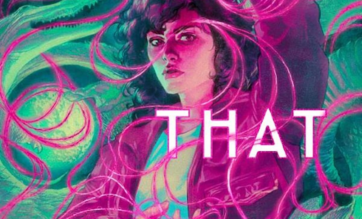 Cover of Threads That Bind by Kika Hatzopoulou; a dark haired woman spins purple threads out of the air. The cover is mostly purple and teal.