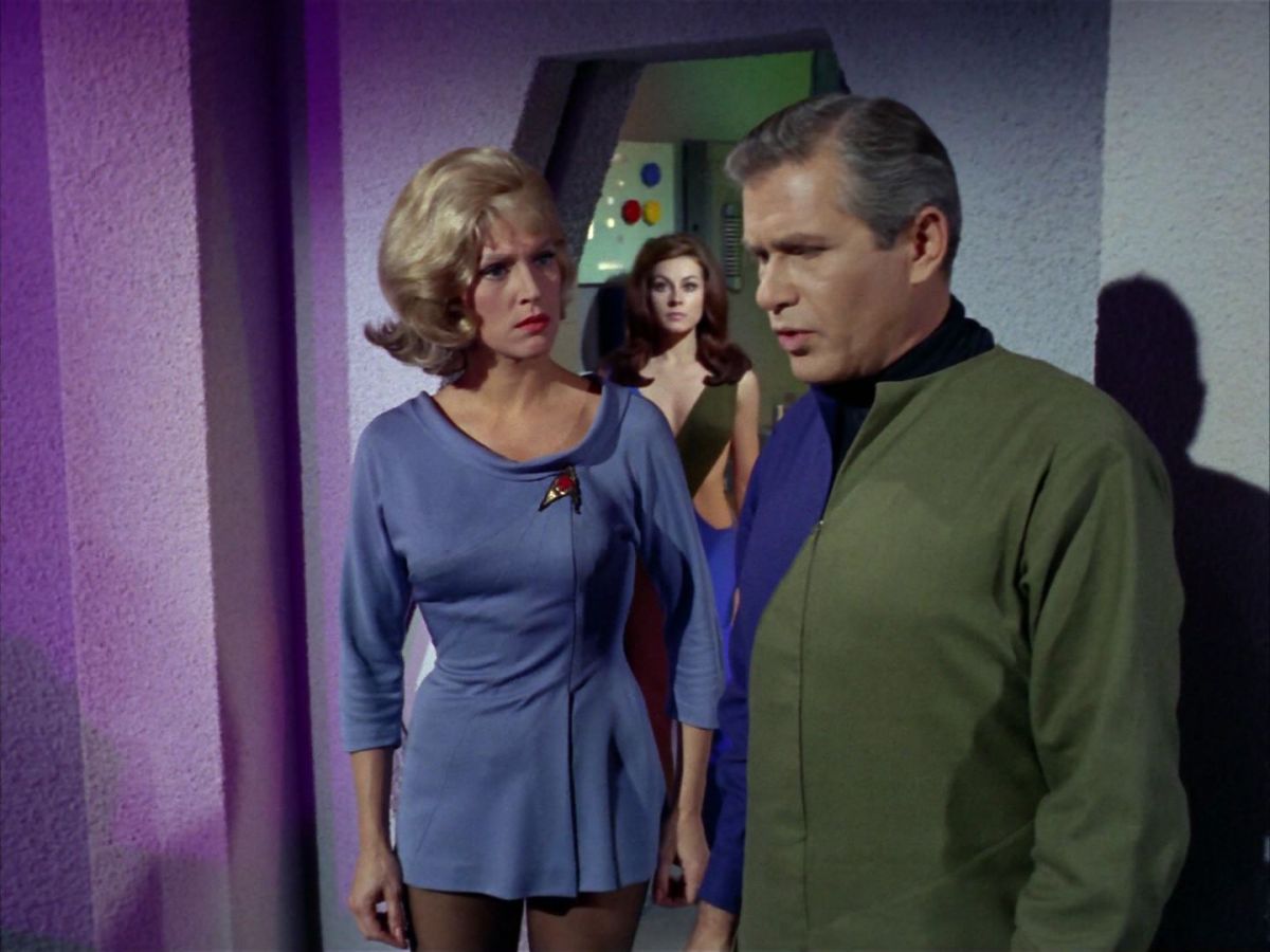 Majel Barrett-Roddenberry as Nurse Chapel and Michael Strong as Roger Kirby in TOS episode "What Are Little Girls Made Of?"