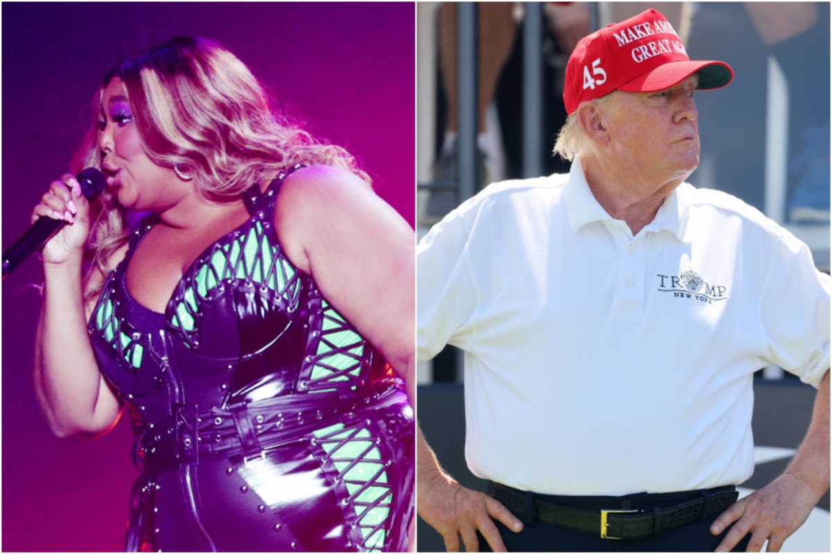 Two photos side by side, one of Lizzo performing and one of Trump in golf clothes.