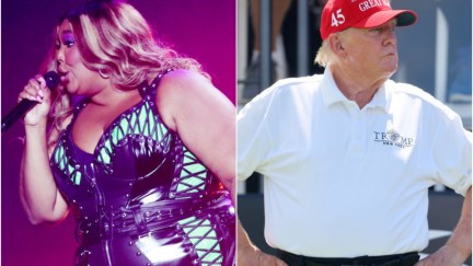 Two photos side by side, one of Lizzo performing and one of Trump in golf clothes.