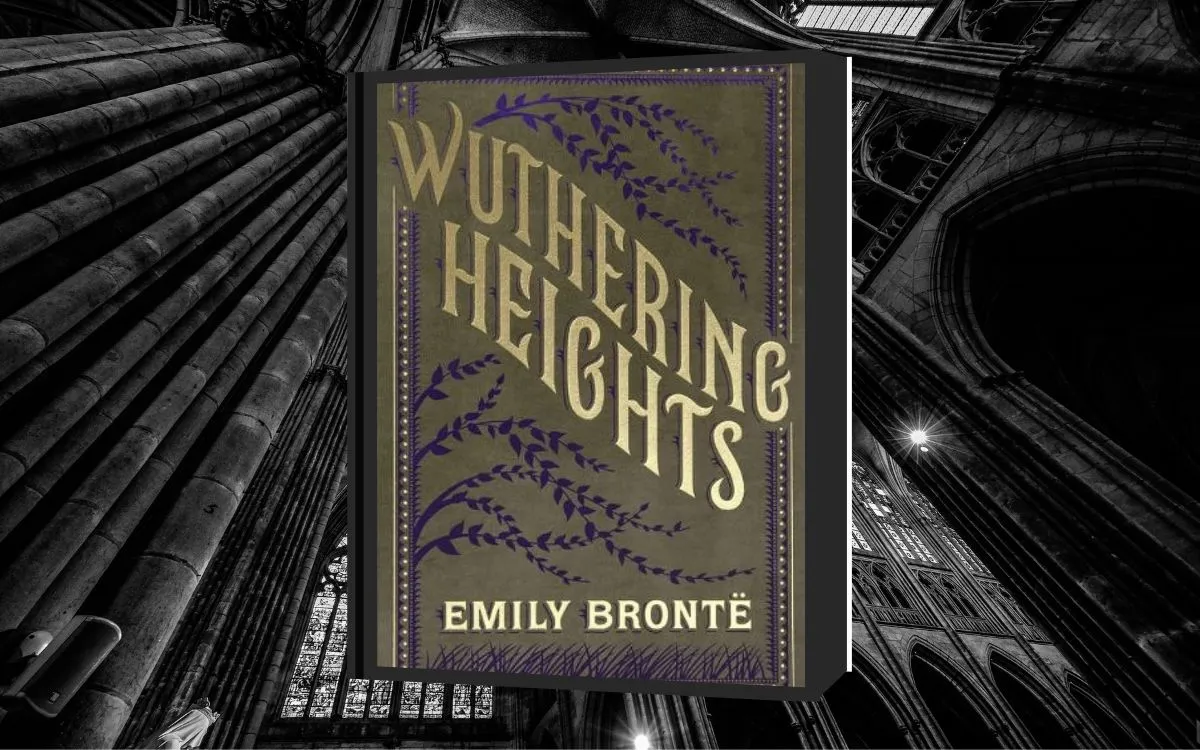 The cover of "Wuthering Heights" sits atop a background of gothic church window