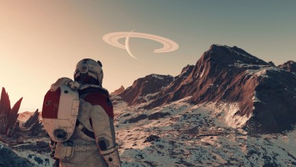 A human explores a planet in Bethesda Softworks game Starfield