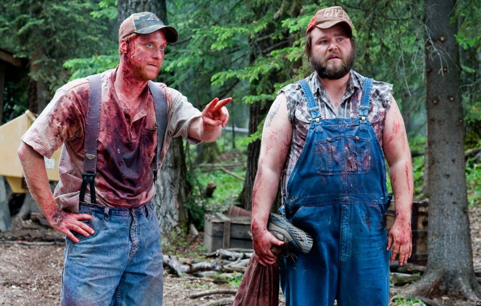 Hillbillies Tucker (Alan Tudyk) and Dale (Tyler Labine) attempt to explain why they are bloodied and holding a severed leg in ‘Tucker & Dale vs. Evil.’