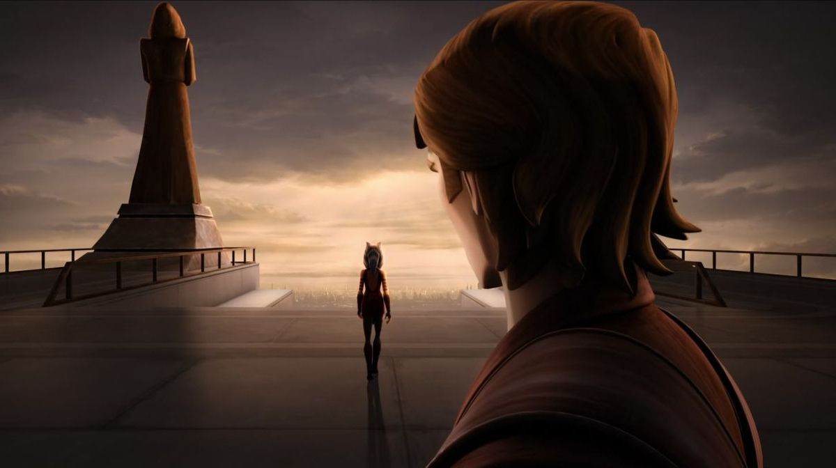 Anakin Skywalker watches Ahsoka Tano as she walks away in the animated series 'Star Wars: The Clone Wars'