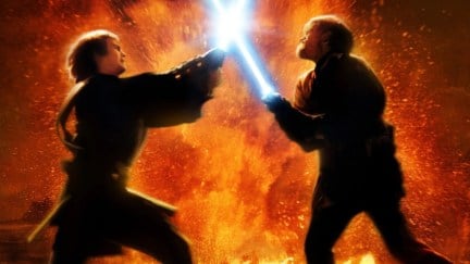 Hayden Christensen as Anakin Skywalker and Ewan McGregor as Obi-Wan Kenobi in Star Wars: Episode III - Revenge of the Sith poster
