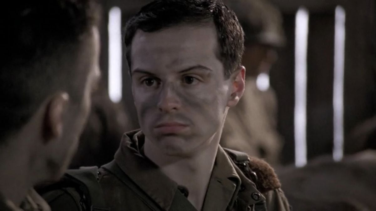 Man in army uniform wears face paint and an irritated look in 'Band of Brothers.'